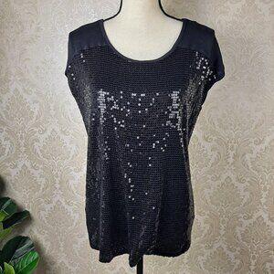 Metaphor Size Medium Black T-shirt with Black Sequin Front Cap Sleeve NWOT
